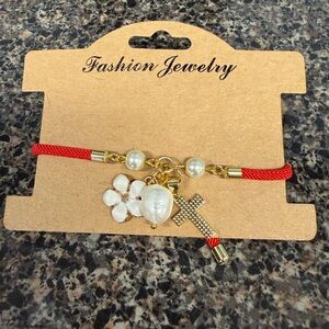 Red and Gold Fashion Jewelry Bracelet with Pearl, Flower & Cross